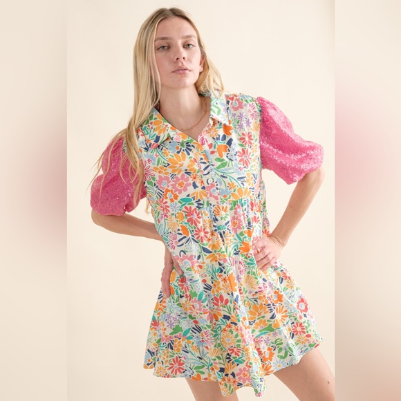 081 • Floral Button-Front Baby Doll Cotton Dress with Pink Puff Sequined Sleeves - Picture 4 of 12